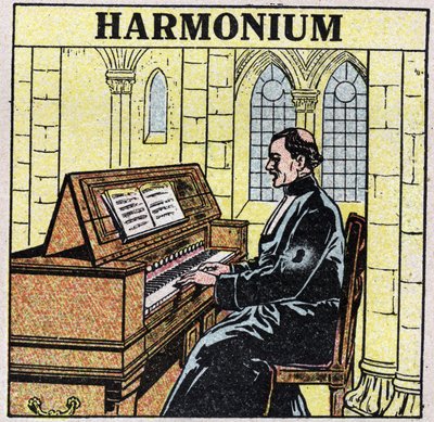 Instrumentos musicais: instrumentos de sopro na anca. Tocador de harmônio em uma igreja. Ilustração anónima de 1925. Coleção particular. de Anonymous Anonymous