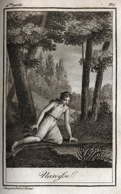 Narcisse contemplando sua reflexão (Narciso) Gravura de 1819 em "Lettres a Emilie sur la mythologie" de Charles Albert Demoustier (1760-1801). Coleção particular. de Anonymous Anonymous