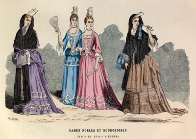 Fatos de nobreza e burguesa nos séculos XVII e XVIII - Nobre mulher do século XVII - coleção particular de Anonymous Anonymous