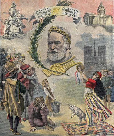 Um dos "Le petit journal" em homenagem ao poeta e escritor francês Victor Hugo (1802-1885), no centenário do seu nascimento. Os personagens de seus romances são representados (Esmeralda, Quasimodo, Cosette). 02/03/1902 Coleção particular de Anonymous Anonymous