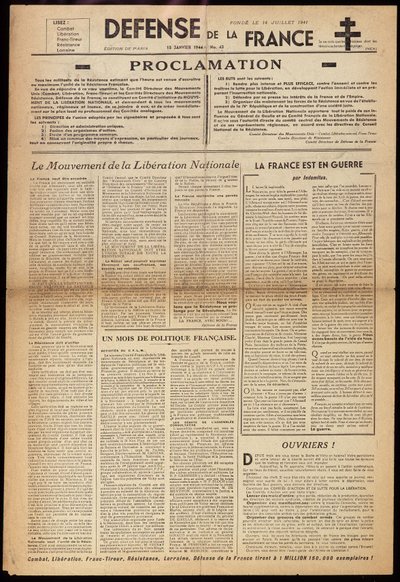 Um dos jornais clandestinos "Défense de France" de 15/01/1944 de Anonymous Anonymous