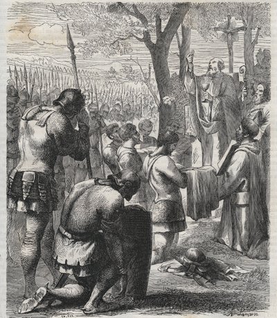 Otto I, Santo Imperador Romano recebe a comunhão antes da Batalha de Lechfeld (955) - O Imperador alemão Otton I (Othon) (912-973) recebe a comunhão antes da Batalha de Lechfeld em 955 - gravura de 1864 de Anonymous Anonymous