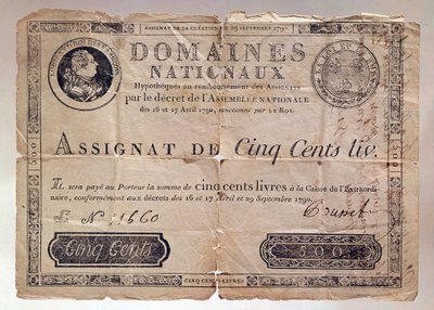 Papel emitido durante a Revolução Francesa: uma atribuição de 500 libras a partir de 1790. Coleção privada de Anonymous Anonymous