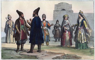 Roupas persas no século XIX - gravura de "Usos e costumes de todos os povos do Universo". Ou História do Governo, Leis, Milícias, Religião de todas as Nações desde os tempos mais remotos até ao dia de hoje" 1856 de Anonymous Anonymous