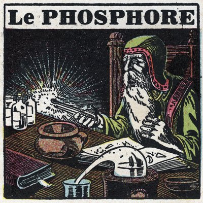 Fosforescência: fósforo. Um alquimista à procura da pedra filosófica no seu laboratório. Ilustração anónima de 1925. Coleção particular. de Anonymous Anonymous