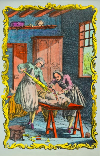 Médico estudando o movimento do sangue: frontispício do "memoire sur le mouvement du sang et sur les effets de la seaignee" de Albrecht von Haller (1708-1777) 1756, Collection Privee de Anonymous Anonymous