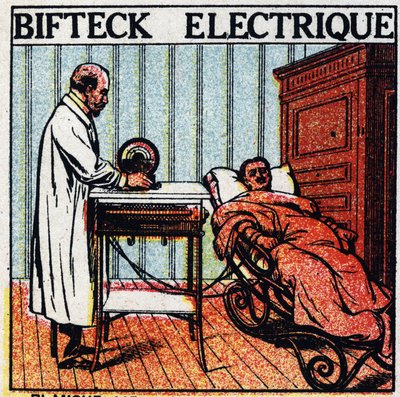 Efeitos fisiológicos do electricite: bife elétrico. Cuidados de um paciente ao passar electricite pelo seu corpo usando eléctrodos de metal nu. Ilustração anônima de 1925. Coleção particular. de Anonymous Anonymous