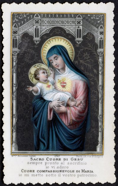 Imagem piedosa: Jesus como criança nos braços de sua mãe Maria, com o Sagrado Coração (gravura) de Anonymous Anonymous