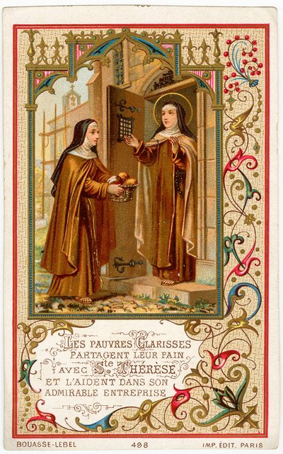 Imagem piedosa: Santa Teresa de Jesus recebe ajuda e pão das Clarissas (cromolitografia) de Anonymous Anonymous