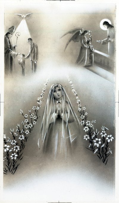 Imagem piedosa: a comunhão e a profissão de fé, etapas da educação religiosa cristã. Cartão de colecção privada de Anonymous Anonymous