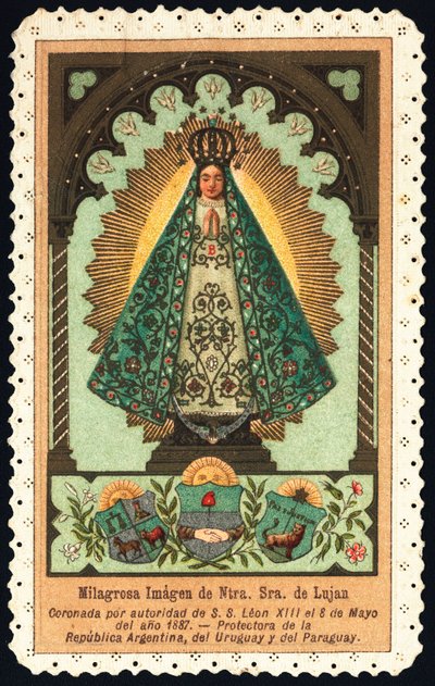 Imagem piedosa: "representação de Nuetra Seniora (Nossa Senhora) de Lujan, protetora da Argentina, Paraguai e Uruguai" Dentelee Card Private Collection de Anonymous Anonymous