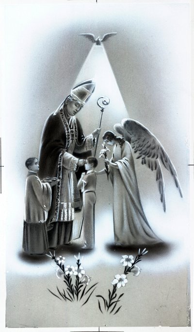 Imagem piedosa: a profissão de fé, etapa da educação religiosa cristã. Cartão de colecção privada de Anonymous Anonymous