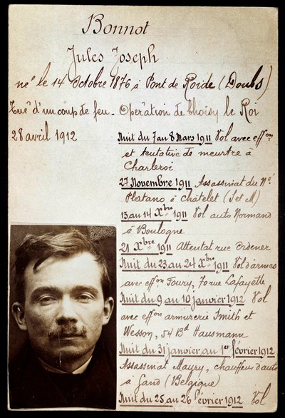 Ficha policial do criminoso Jules Bonnot (1876-1912) (banda Bonnot) com lista de crimes de Anonymous Anonymous