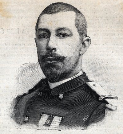 Retrato de Antoine Mizon (1853-1899), explorador francês em África. Gravura em "Le Peute Parisien" (Le Peute Parisien) de Anonymous Anonymous