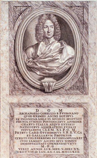 Retrato de Arcangelo Corelli (1653-1713) compositor e violinista italiano Gravura. Coleção particular milanesa do século XVIII de Anonymous Anonymous