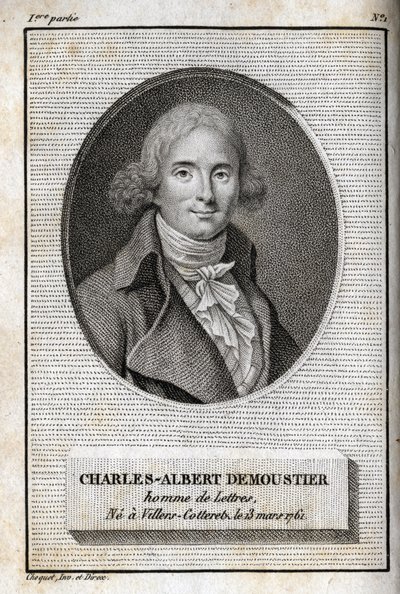 Retrato de Charles Albert Demoustier (1760-1801) escritor francês. Gravura de 1819 em "Lettres a Emilie sur la mythologie" de Charles Albert Demoustier (1760-1801). Coleção particular. de Anonymous Anonymous