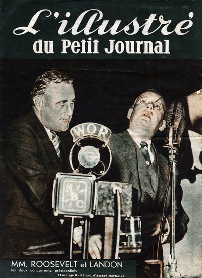 Retrato de Franklin Delano Roosevelt (1882-1945) e Alfred Mossman "Alf" Landon (1887-1987), os dois concorrentes no Presidencial dos Estados Unidos. No "L