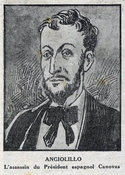 Retrato de Michele Angiolillo Lombardi dit Jose Sants ou Rinaldini, anarquista italiano (1871-1897) assassino do Presidente do Conselho Espanhol, Antonio Canovas del Castillo (1828-1897). Gravura em "L