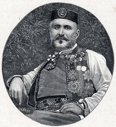 Retrato de Nicholas I de Montenegro (Nikola I Petrovic-Njegos) (Petrovic Njegos) (1841-1921), Príncipe de Montenegro e da Berda. Gravura em "Les Missions Catholiques au XIXeme Siecle", de Louis-Eugene (Louis Eugene) Louvet. coleção particular. de Anonymous Anonymous