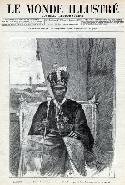 Retrato de Tofa I (Toffa) (circa 1850-1908), rei de Dahomey (Benin) a Porto Novo (Porto-Novo). Um jornal. Gravura em "Le monde illustree" de 1892. Colecção privada. de Anonymous Anonymous