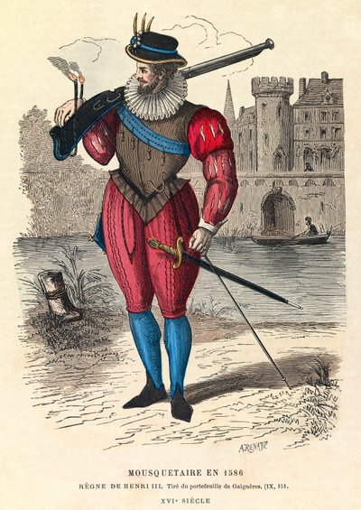 Retrato de um mosqueteiro em 1586 em Paris (sob o reinado do rei Henrique III), gravura, coleção privada - Mosqueteiro em Paris de Anonymous Anonymous