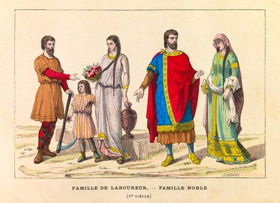Retratos e figurinos de uma família de lavradores e uma família nobre no século V, gravura - coleção particular de Anonymous Anonymous