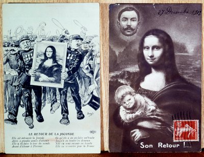 Cartão postal comemorativo do regresso de Leonard de Vinci "Mona Lisa, Monna Lisa" (1452-1519) após o voo de 1911 de Vincenzo Peruggia (1881-1925). 27/12/1913 de Anonymous Anonymous
