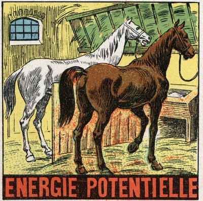 Energia potencial: cavalos descansando em um estábulo. Ilustração anónima de 1925. Colecção privada. de Anonymous Anonymous