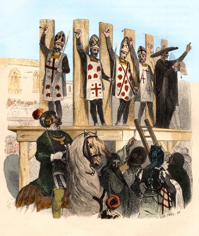 Punição do prego no século XVI. Ilustração em "Mysteres of the Inquisition and Other Secretive Societies of Spain" Por Victor de Fereal, Suberwick, Manuel Galo de Cuendias de Anonymous Anonymous