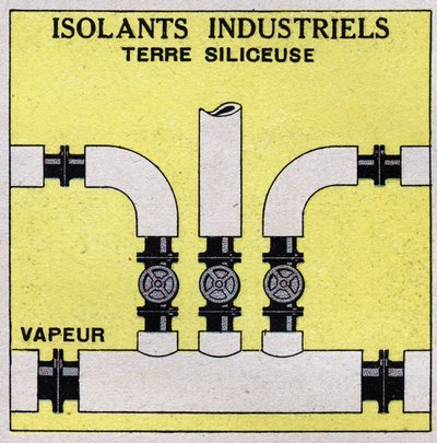 Radiação e condutibilidade: isolamento industrial. Cercamos os tubos com tijolos de terra siliciosa. Ilustração anónima de 1925. Colecção privada. de Anonymous Anonymous