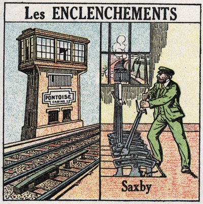 Ferrovias: travamento. Uma ferrovia utilizando uma estação de alavancas individuais Saxby. Ilustração anónima de 1925. Coleção privada. de Anonymous Anonymous