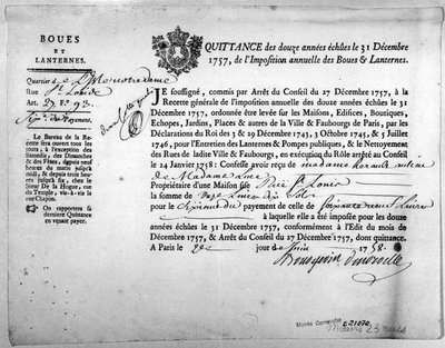 Recibo da Secretaria da Receita referente ao pagamento de Impostos para a Lama e Lanternas, datado de dezembro de 1757. de Anonymous Anonymous