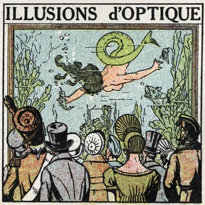 Reflexão da luz: ilusão óptica. Utilização de um gelado para dar a ilusão de uma mulher peixe. Ilustração anónima de 1925. Coleção privada. de Anonymous Anonymous