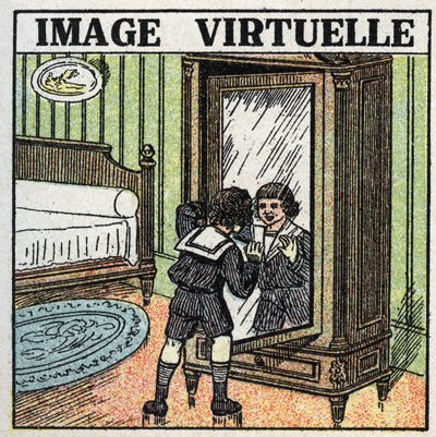 Reflexão da luz: imagem virtual. Uma criança a contemplar o seu reflexo num espelho. Ilustração anónima de 1925. Coleção particular. de Anonymous Anonymous