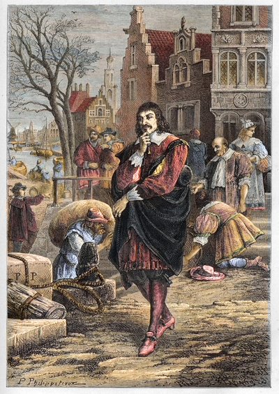 René Descartes (1596-1650), filósofo e matemático francês andando pelas ruas de Amsterdã - Descartes in Amsterdam - gravura de "L