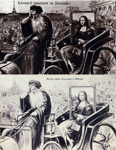Representação de Leonard de Vinci (Leonardo da Vinci) (1452-1519) trazendo de volta sua obra "A Mona Lisa" (Mona Lisa, Monna Lisa) após o roubo da obra de Vincenzo Peruggia (1881-1925) que ocorreu em 21/08/1911. Cartão postal de comédia de Anonymous Anonymous
