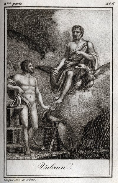 Representação de Vulcano, deus do fogo, forja e vulcões. (Vulcano, deus do fogo e dos vulcões). Gravura de 1819 em "Lettres a Emilie sur la mythologie" de Charles Albert Demoustier (1760-1801). Coleção privada. de Anonymous Anonymous