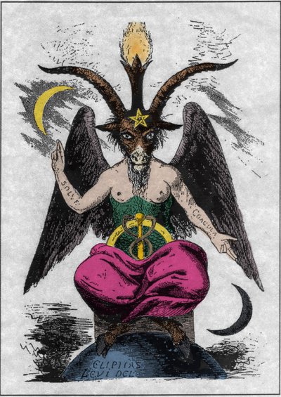 Representação do Baphomet: um monstro com cabeça de cabra e corpo de mulher com citações alquímicas nos braços "solve" e "coagula", um decíduo entre as pernas e um pentagrama na testa. O diabo de Eliphas Levi (Alphonse Louis (Alphonse Lo de Anonymous Anonymous