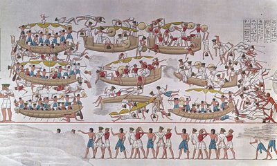 Representação da Batalha do Delta do Nilo entre as Armees de Ramsés III e os Povos do Mar" De um relevo ao templo funerário de Medinet Habou, Egipto de Anonymous Anonymous
