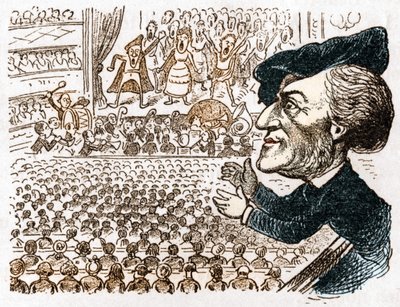 Richard Wagner emprega centenas de cantores, músicos, milhões de pessoas alugam lugares e ele é o único a aplaudir. Desenho animado sobre o compositor alemão Richard Wagner (1813 - 1883) de Les moreurs et la caricature en allemand, de J. Grand-Carteret. Po de Anonymous Anonymous