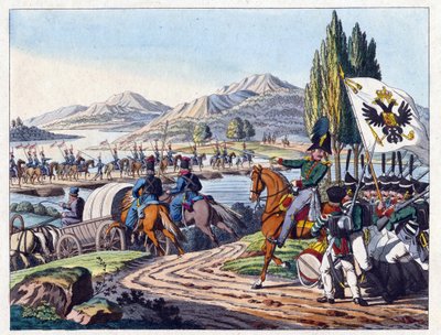 Exército russo cruza o rio Pruth na Moldávia em maio de 1828 - Anônimo - 1829 - Gravura, aquarela - 37,9x24,4 - Coleção Privada de Anonymous Anonymous