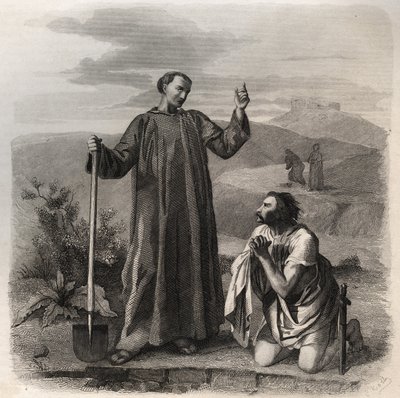 São Bento de Nursia dá as boas-vindas a Totila (século VI) rei dos Ostrogodos. Gravura de 1846 em "Vidas dos Santos". Coleção particular. de Anonymous Anonymous