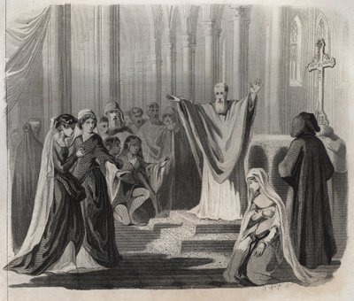 São Dunstan (ca. 909-988), eveque de Cantuária, beneditino e reformador da vida monástica na Inglaterra, anunciando sua morte iminente ao povo. Gravura de 1846 em "Lives of the saints". Coleção privada. de Anonymous Anonymous