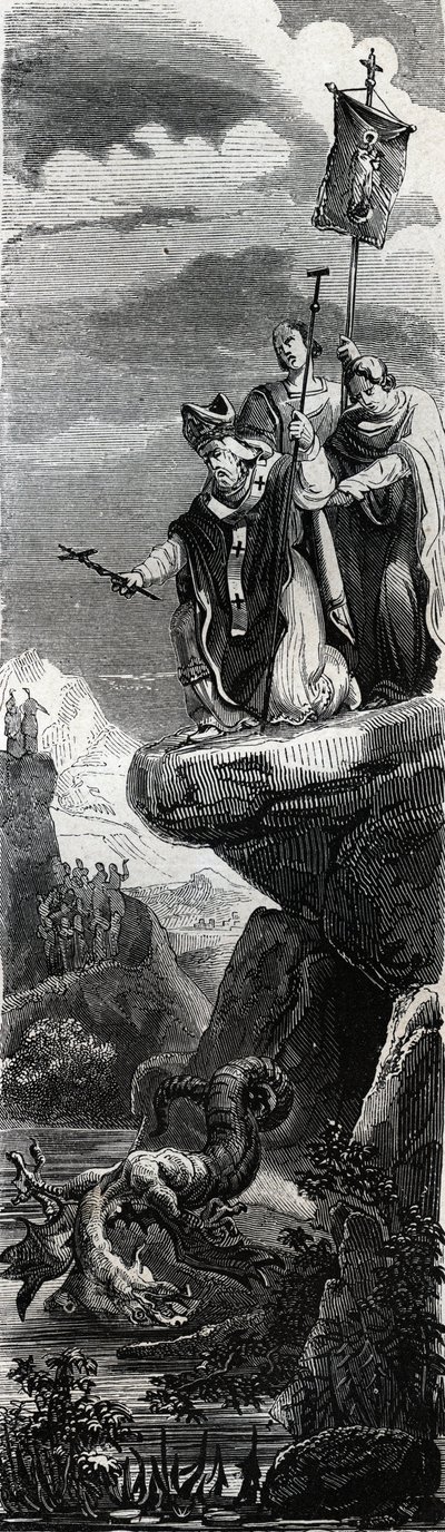 Frente Santa (primeira evangelizadora do Perigord) (século III) precipitando o dragão na Dordogne - Gravura de 1846 em "Vidas dos Santos". Coleção particular. de Anonymous Anonymous