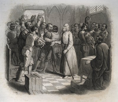 São Nicolau (Nicholas) de Flue ou Irmão Klaus (1417-1487), um eremita suíço que reconciliava os confederados suíços que estavam prestes a iniciar a guerra civil. Gravura de 1846 em "Vidas dos Santos". Coleção privada. de Anonymous Anonymous