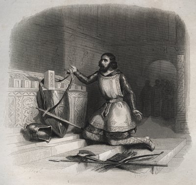 São Guilherme de Aquitânia (Guilhem de Gellone) (ca. 750/755-812/815) colocando seus braços sobre o túmulo de São Julião Mártir em Brioude. Gravura de 1846 em "Vidas dos Santos". Coleção privada. de Anonymous Anonymous