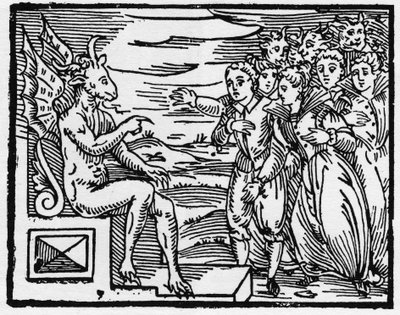 Satanás exige um pacto dos novos feiticeiros - "Compendium Maleficarum", trata das bruxas, do seu mal e das suas sortilégios por Francesco Maria Guazzo ou Guaccio ou Guaccius (15?? -16??) 1608 Coleção Privada de Anonymous Anonymous