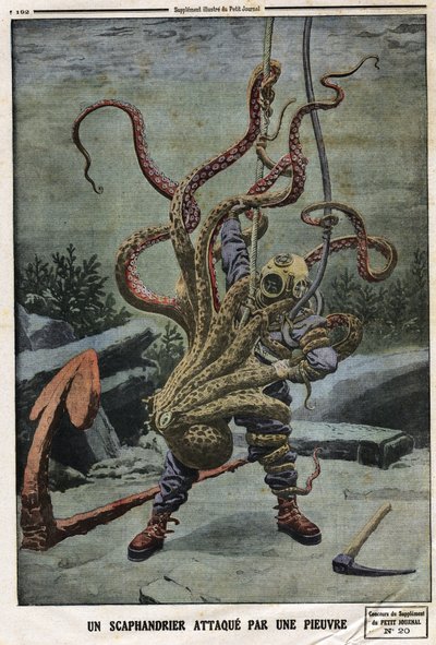 O Scaphandler atacado por um polvo. Gravação no "Le petit Journal", em 16/06/1912. Colecção privada. de Anonymous Anonymous