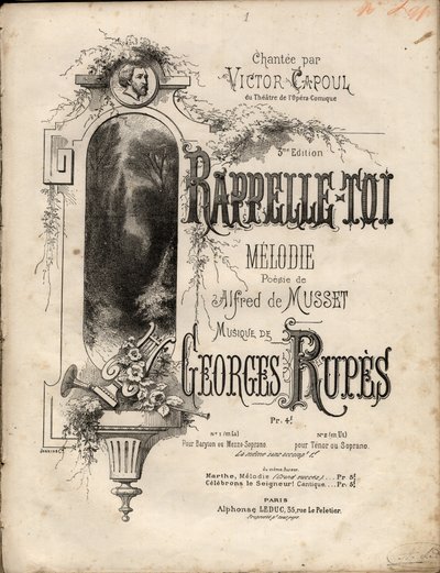 Nota da melodia "remember-se" de Georges Rupes após uma poesia de Aldre de Musset. Colecção privada. de Anonymous Anonymous