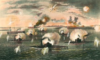 Guerra de Secessão (1861-1865): "Ataque de batalhas de baterias flutuantes durante a Guerra de Secessão" Gravado por volta de 1865. Coleção privada de Anonymous Anonymous